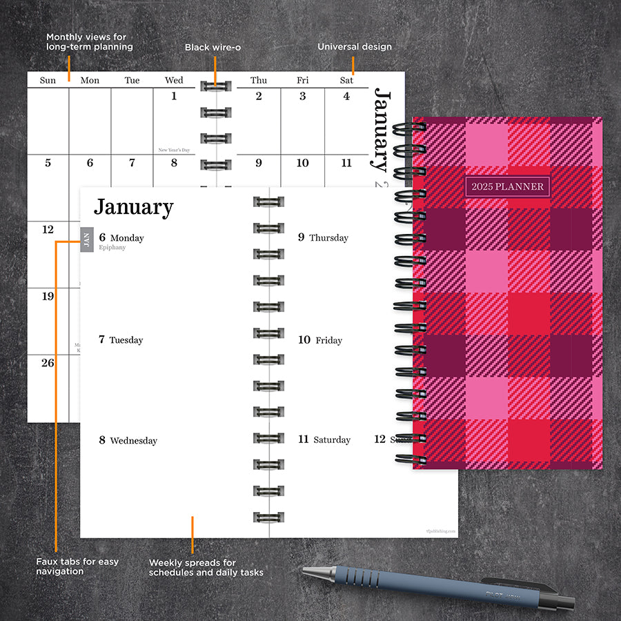 2025 Pink Plaid Small Weekly Monthly Planner - 0