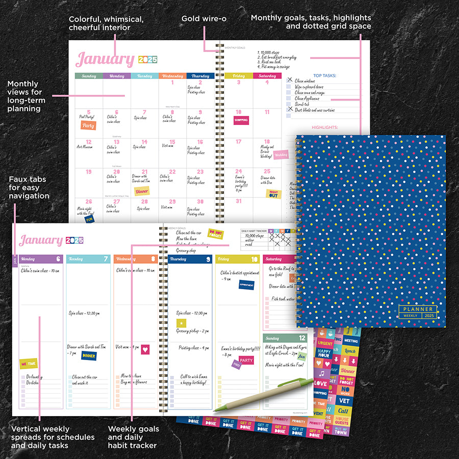 2025 Cobalt Dots Large Weekly Monthly Planner - 0