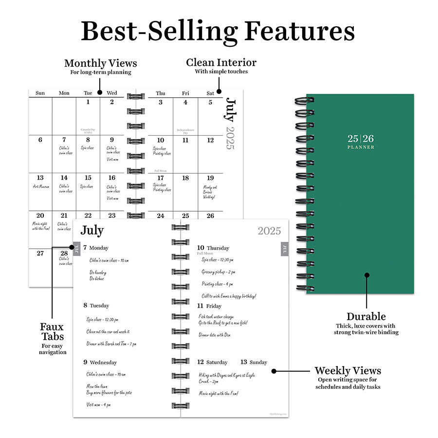 July 2025 - June 2026 Grass Green Small Weekly Monthly Planner