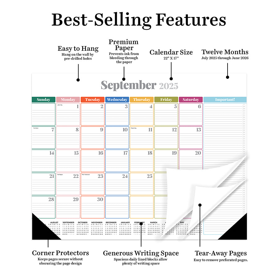 July 2025 - June 2026 Rainbow Blocks Large Desk Pad Monthly Blotter Calendar