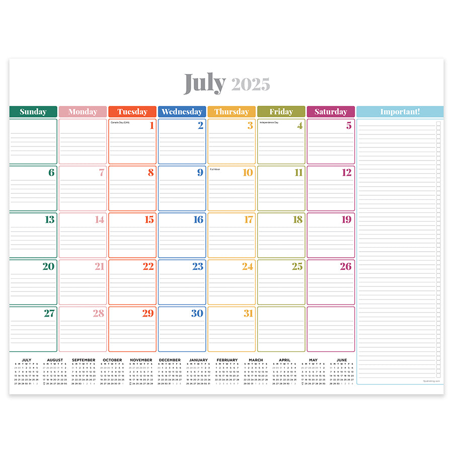 July 2025 - June 2026 Rainbow Blocks Large Desk Pad Monthly Blotter Calendar