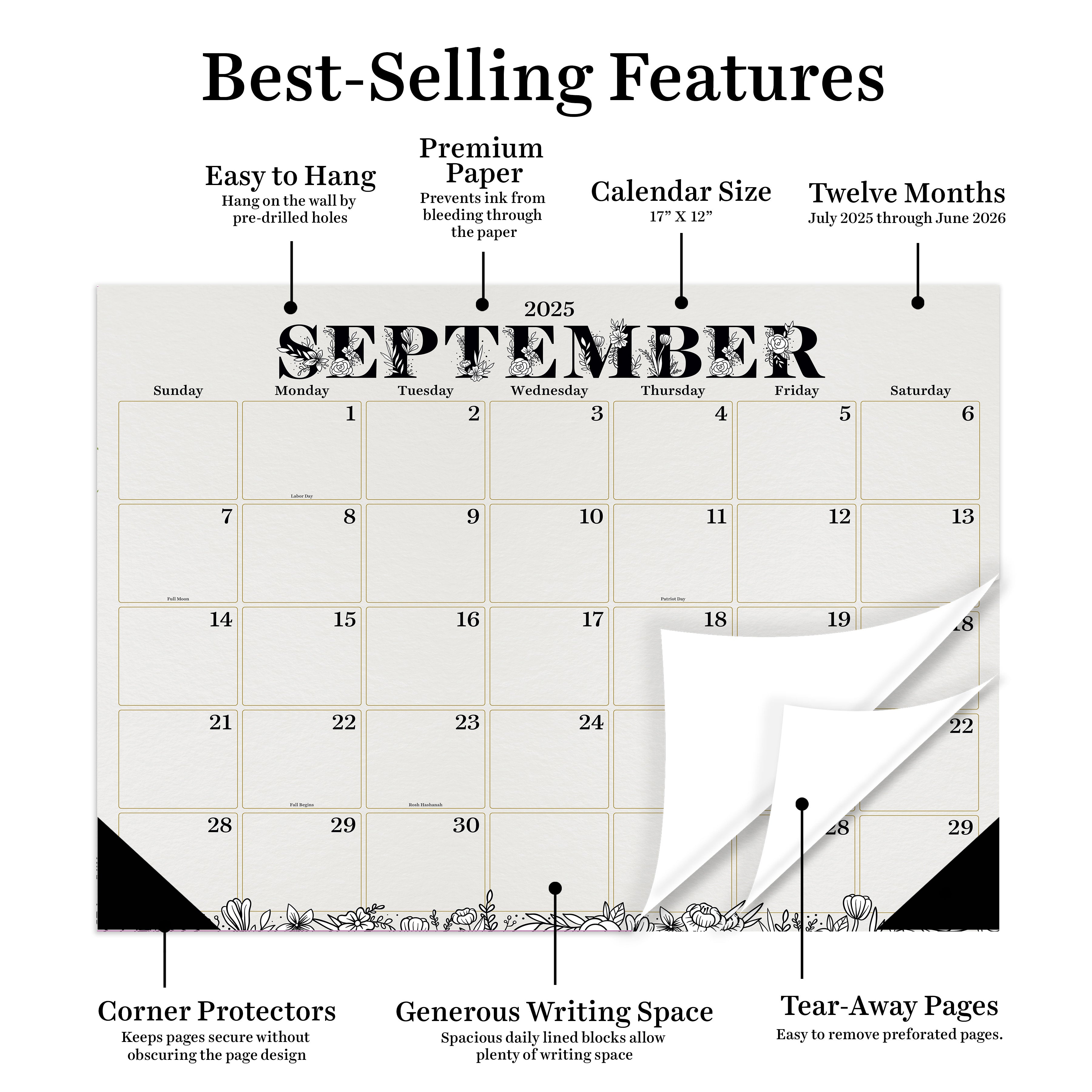 July 2025 - June 2026 Floral Medium Desk Pad Monthly Blotter Calendar