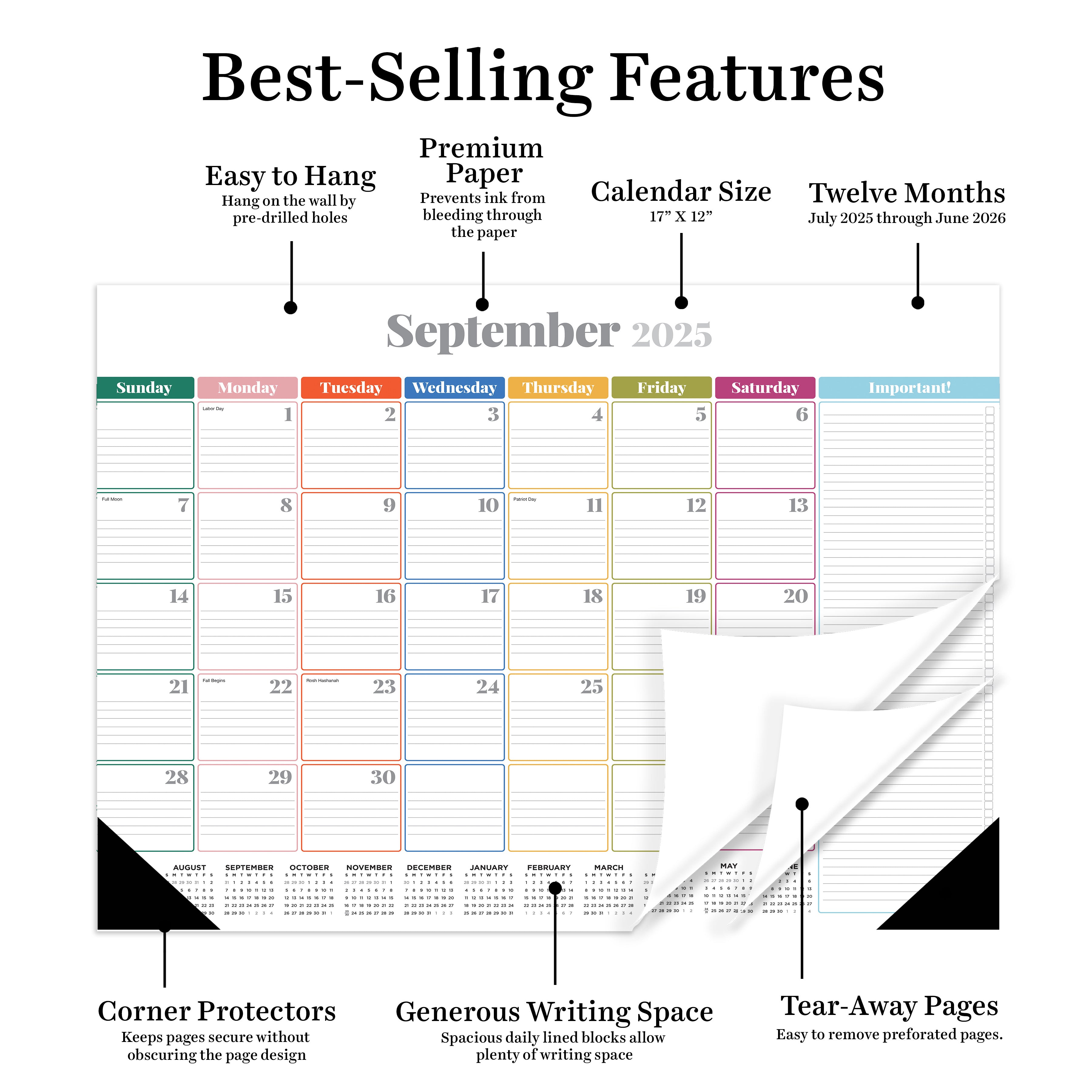 July 2025 - June 2026 Rainbow Blocks Medium Desk Pad Monthly Blotter Calendar