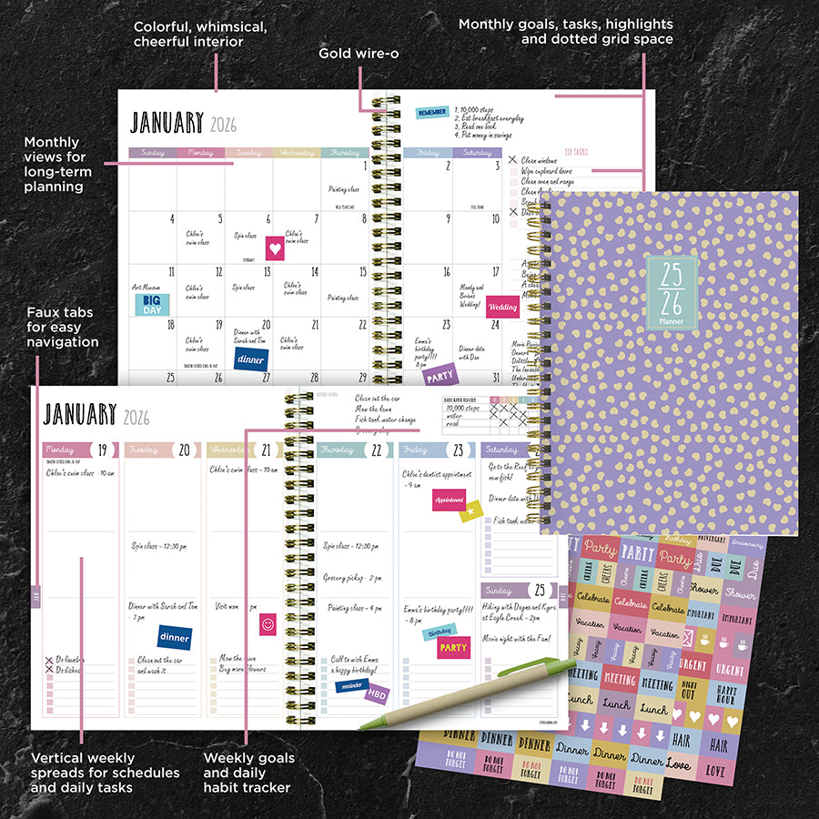 July 2025 - June 2026 Purple Polka Medium Weekly Monthly Planner