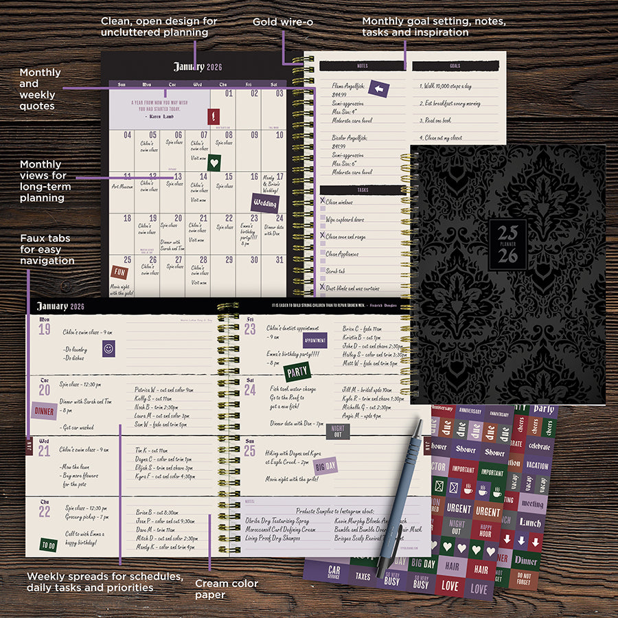 July 2025 - June 2026 Black Velvet Medium Weekly Monthly Planner