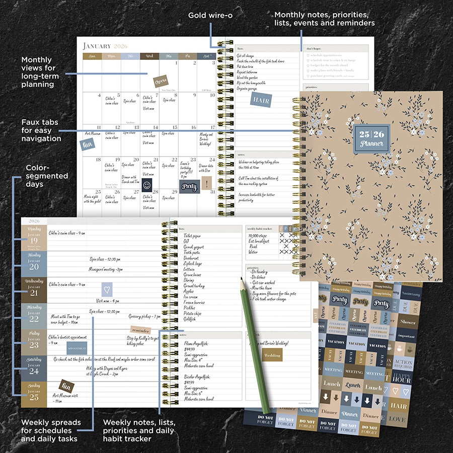 July 2025 - June 2026 Rustic Floral Medium Weekly Monthly Planner