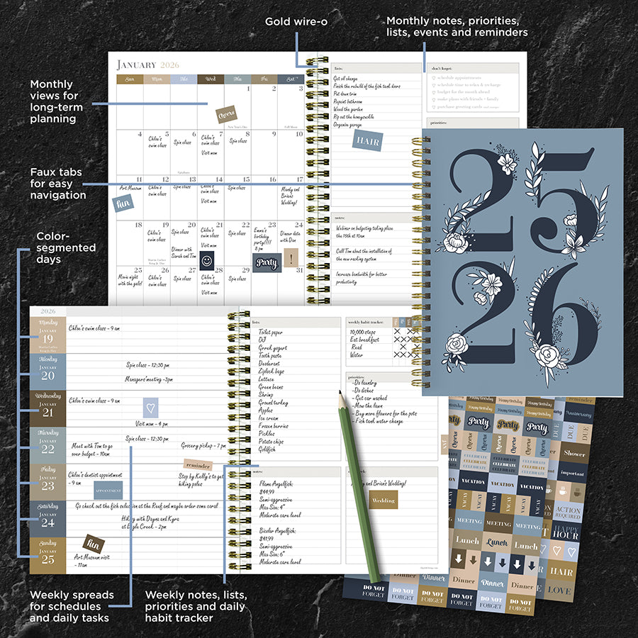 July 2025 - June 2026 Simply French Blue Medium Weekly Monthly Planner